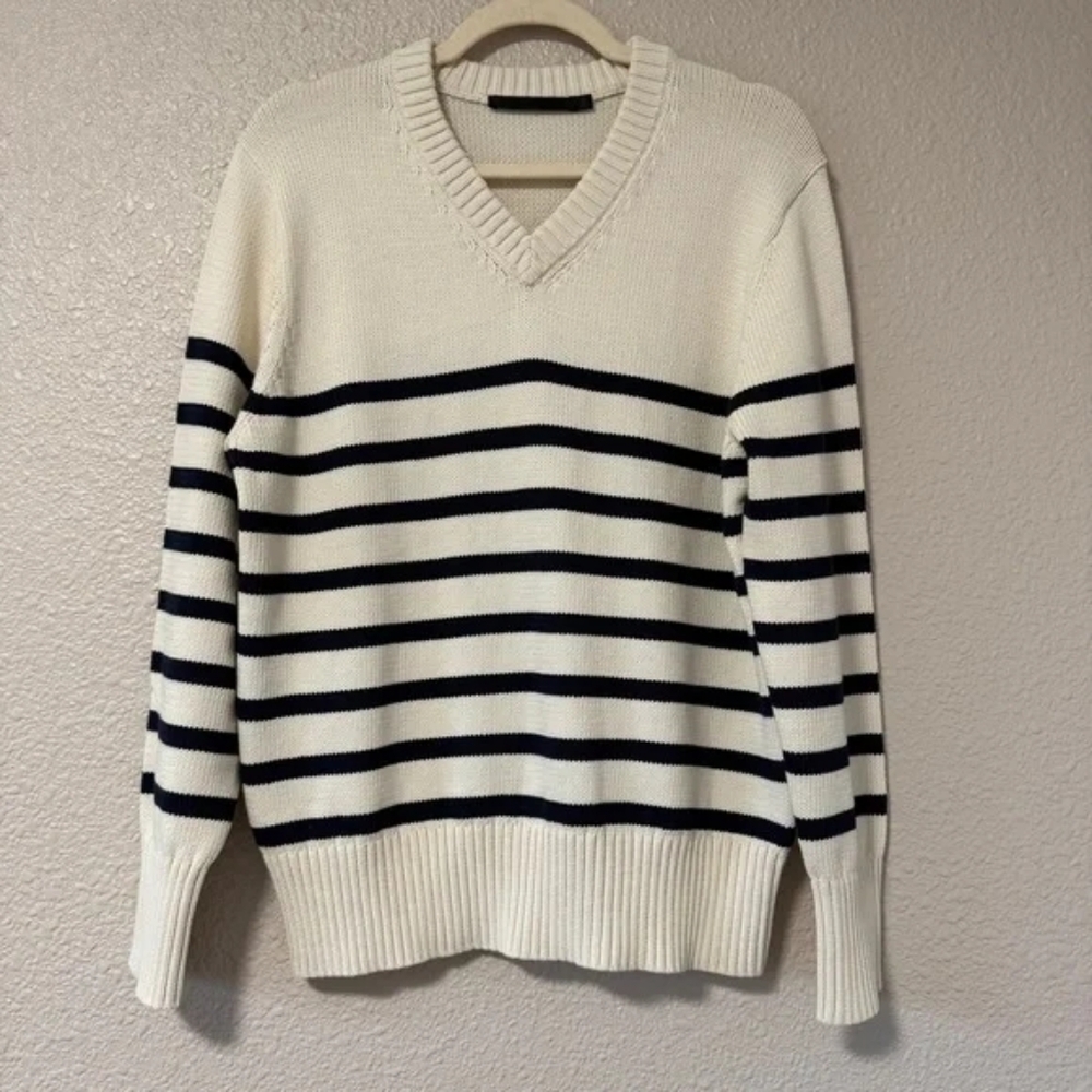NWOT Jenni Kayne Cotton Kate V-Neck Sweater Ivory Navy Stripe XS-S Oversized - Picture 2 of 10
